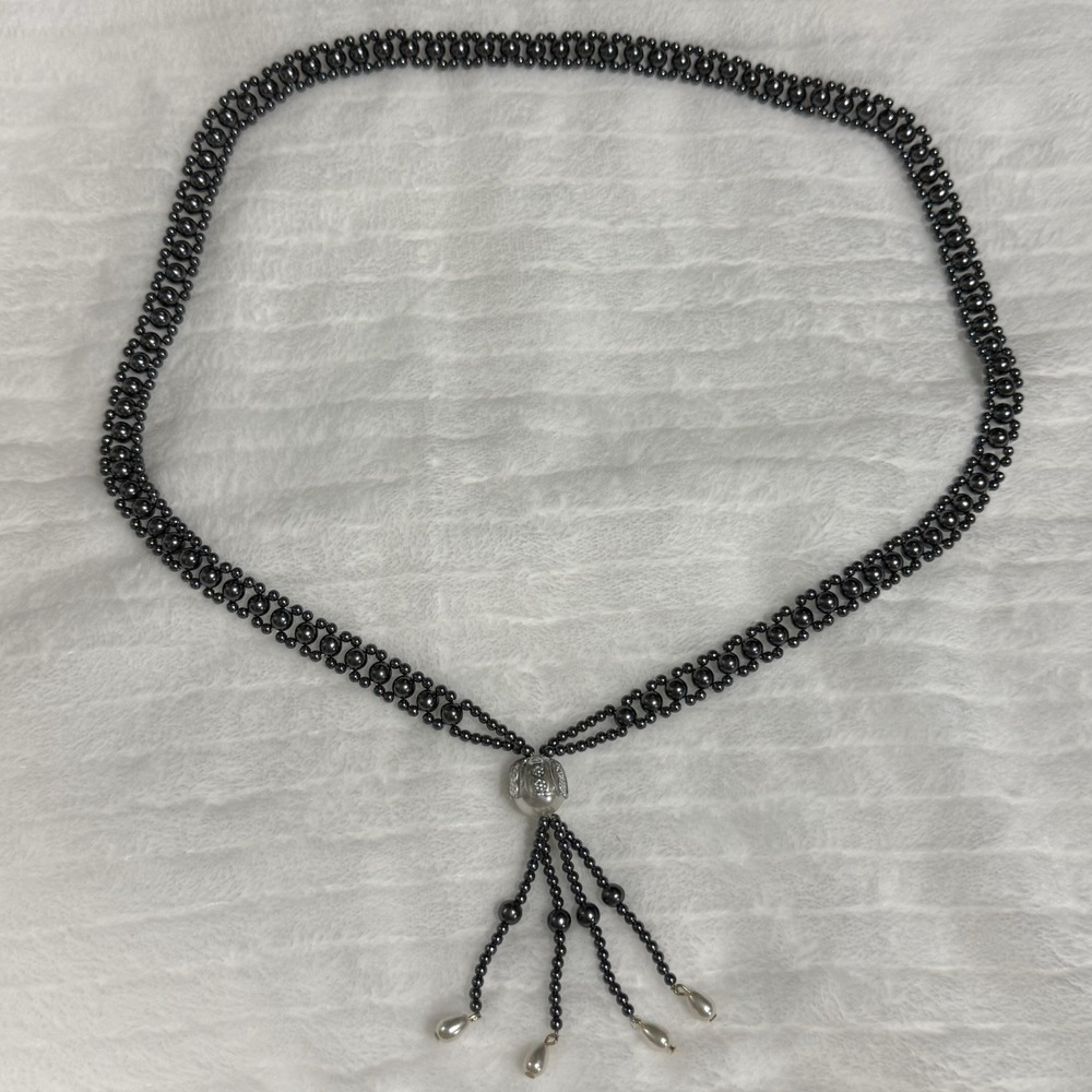 Vintage Black Faux Pearl Beaded Tassel Necklace Statement Bib Necklace